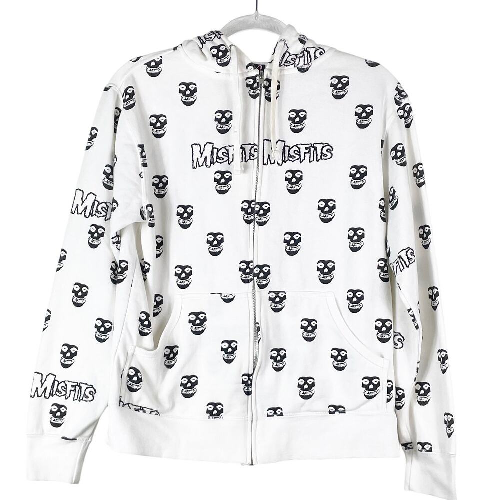 Misfits Y2K Cinder Block White Full Zip Hoodie Skulls All Over XS Unisex Pocket